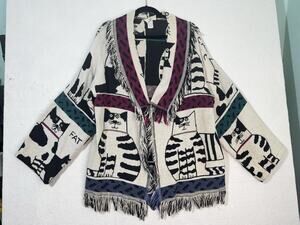 Big Sky Woven Tapestry Cardigan Cat Kitten Fringed Shawl Collar Blanket Jacket